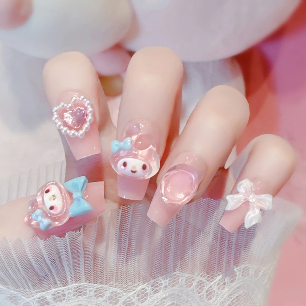 Sanrio Kawaii Pink My Melody Fake Nails 24Pc 3D kuromi Anime Cute Nail Patches False Nail Tips Cartoon Y2K Fashion Press on Nail Good Vibrations