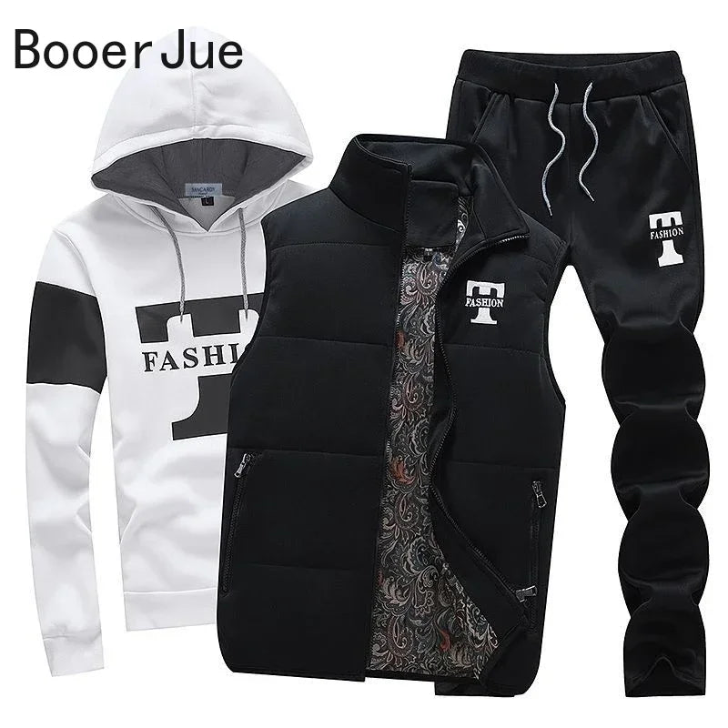 3 Pieces Set Hoodies+Vest+Pants Casual Men's Track Suit Clothing Coats Winter Thick Warm Tracksuit for Men Printed Mens Set Vest Good Vibrations