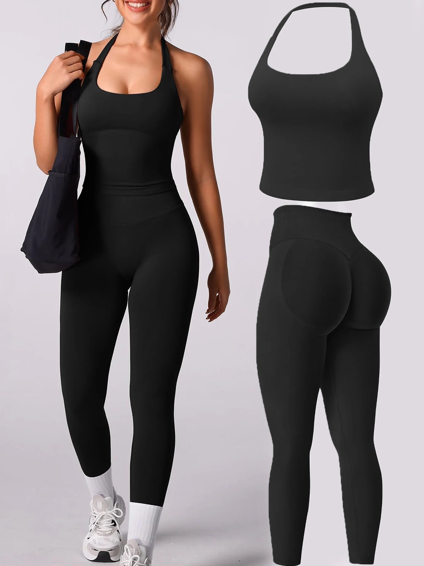 Workout Sets for Women 2 Pieces, Women's Impact Halter Tank Top+ Hidden Scrunch Butt Workout Leggings, Women Seamless Good Vibrations