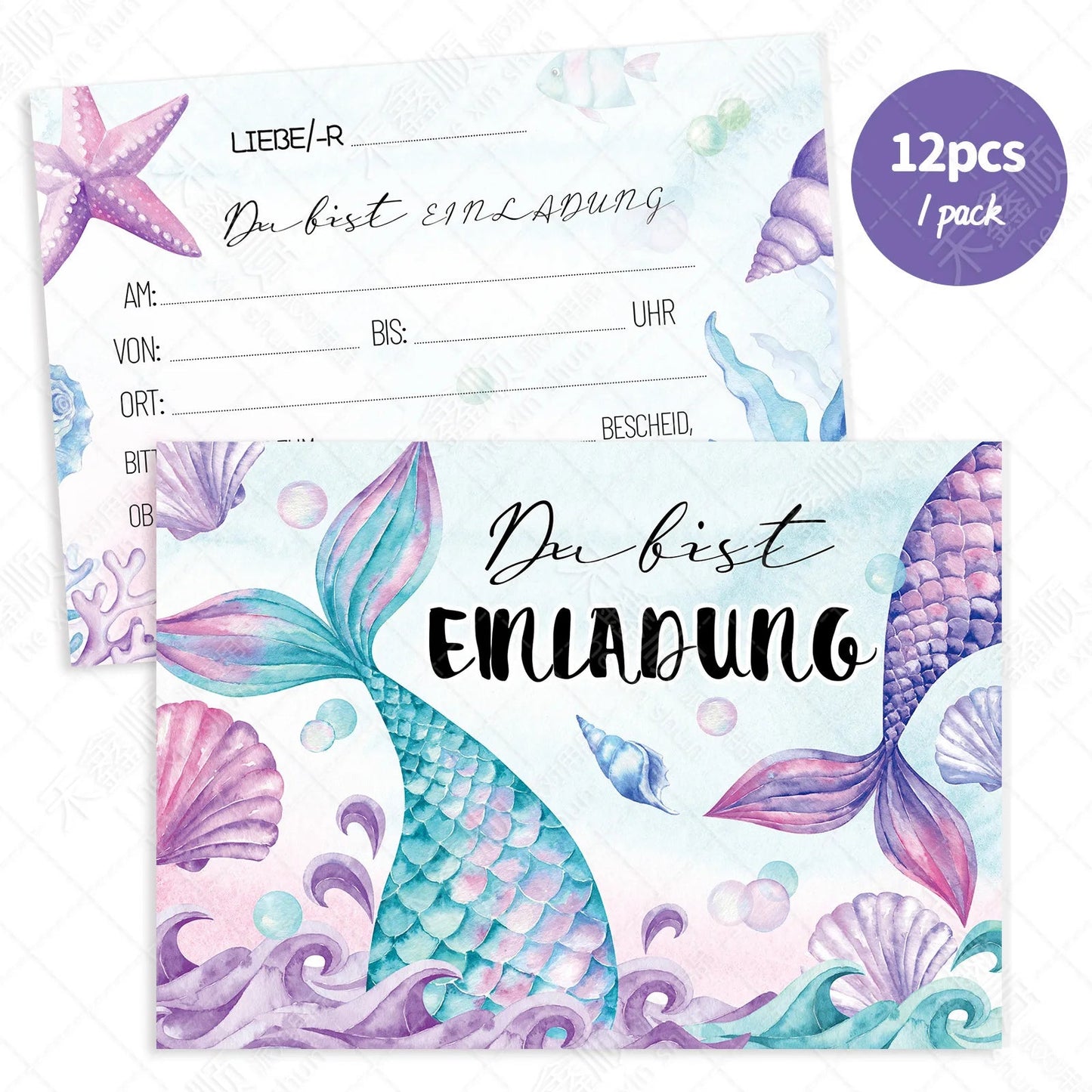 12pcs Mermaid Invitation Cards, Double-Sided Birthday Party Invites, Underwater Theme Party Decorations Supplies Good Vibrations