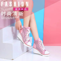 2025  Wedge Heel 8cm Height Increasing Net Shoes Thick Bottom Sandals Women's Casual Lace-up Shoes High-top Hollow Women's Shoes Good Vibrations