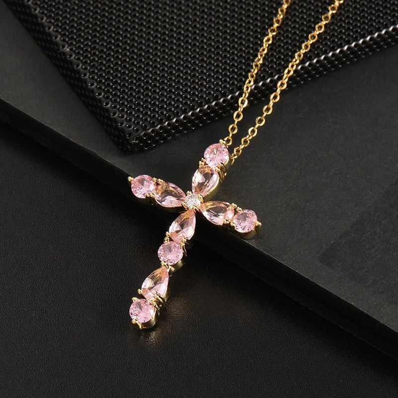 Classic Bright Jewelry Cross Necklace Fashion Personality Innovative Colorful Water Drop Geometric Cross Pendant Lucky Gift Good Vibrations