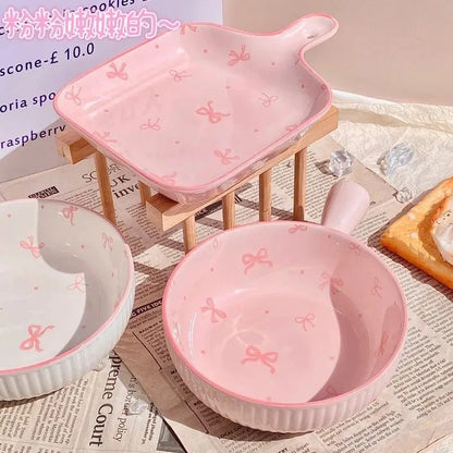 Pink Bow Ceramic Cutlery Set, Dessert Home Tableware Ceramic Handle Bowl Yogurt Cup High Value Breakfast Plate Drinkware Good Vibrations