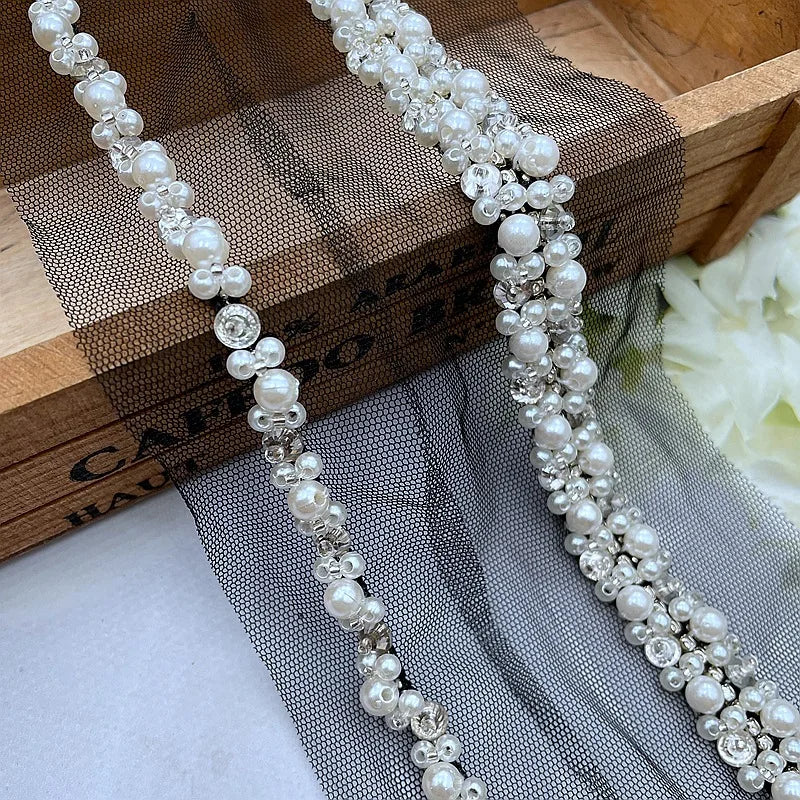 90cm Pearl Beaded Lace Trim Ribbon Garment Decoration Applique Trimming Rhinestone Tape DIY Sewing Fabric Material Accessories Good Vibrations