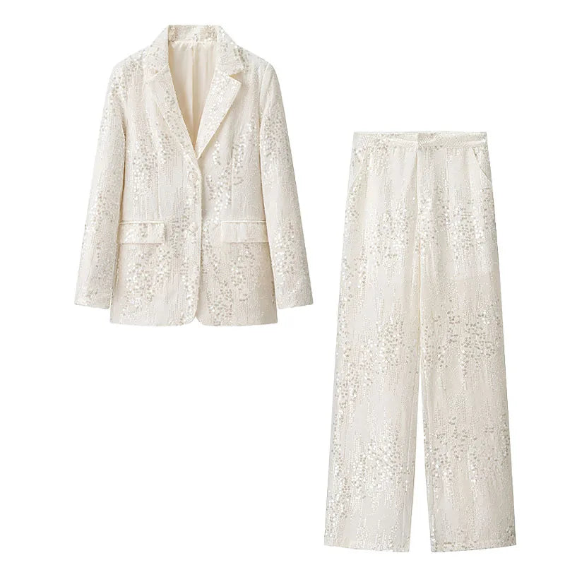 HH Women's Chic Set Sequins Turn-Down Collar Pockets Single-Breasted Blazers+High Waist Zipper Trousers Female Sets Trendy Good Vibrations