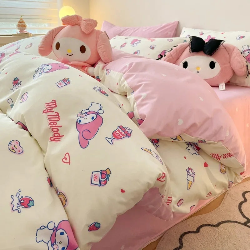 Sanrio 100% Cotton Bedding Set Cute Hello Kitty Kuromi Melody King Queen Pillowcase Bed Linens Girl Dorm Bedclothes Home Textile Good Vibrations