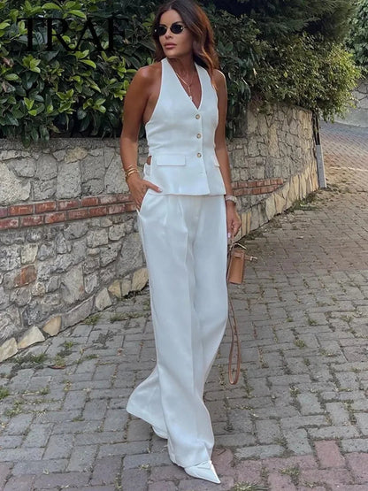 MUJER Pants Sets For Women 2 Pieces Off Shoulder Sleeveless Vest Woman Outfit Fashion Wide Leg Pants Elegant Casual Women's Set Good Vibrations