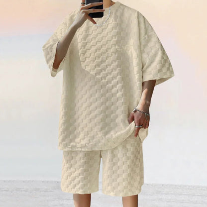 European and American Oversized Fashion Brand Men's Summer New Chessboard Plaid Loose Sports and Leisure Two-Piece Set Good Vibrations