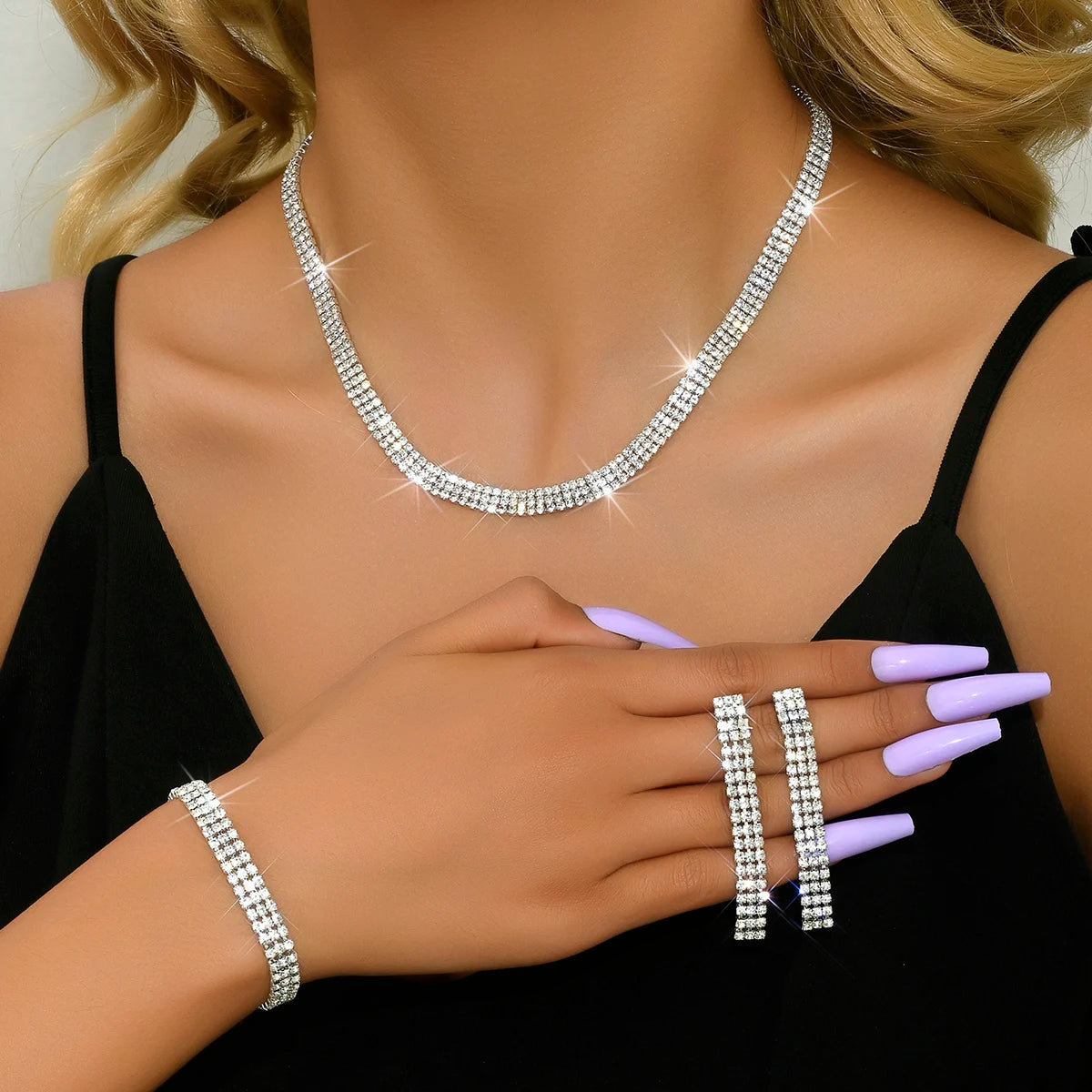 4 pieces of women's jewelry set with three drainage diamonds, necklaces, earrings, bracelets, bridal dress accessories Good Vibrations Adult Super Store