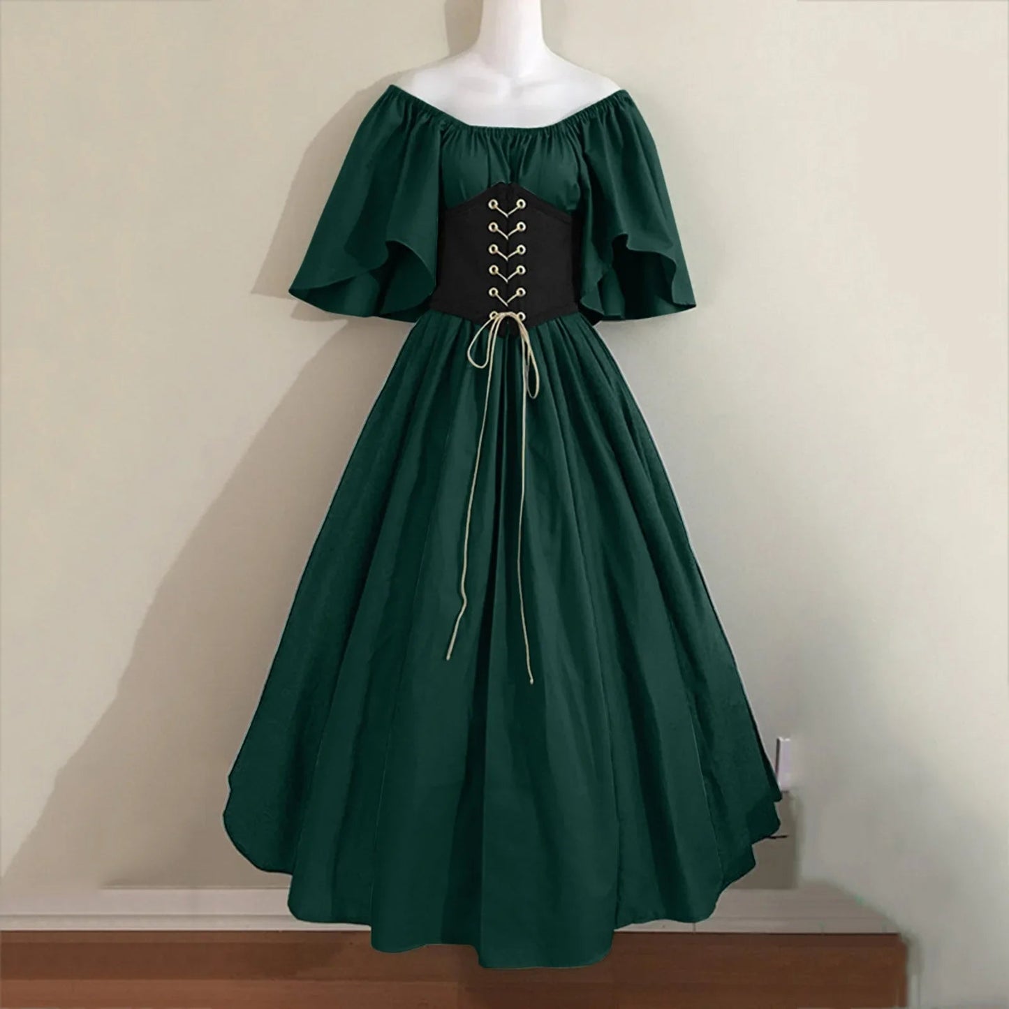 Halloween Costumes for Women Medieval Retro Contrasting Color Slim Swing Dress One-word Shoulder Dress Love Live Cosplay Good Vibrations