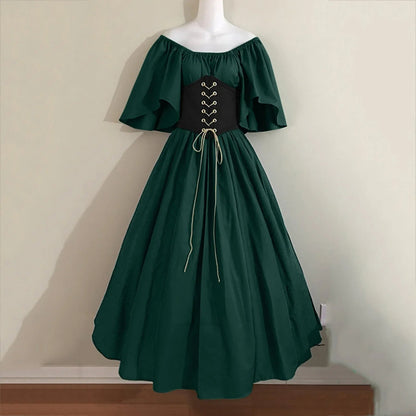 Halloween Costumes for Women Medieval Retro Contrasting Color Slim Swing Dress One-word Shoulder Dress Love Live Cosplay Good Vibrations