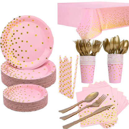 Pink Party Decoation Gold Supplies Paper Tablecloth Disposable Dinnerware Plate Napkin Cup for Christmas Birthday Party Wedding Good Vibrations