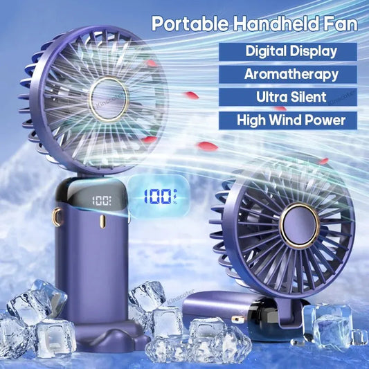 USB Handheld Mini Fan Foldable Portable Neck Hanging Fans 5 Speed Rechargeable Fan with Phone Stand and Display Screen Good Vibrations
