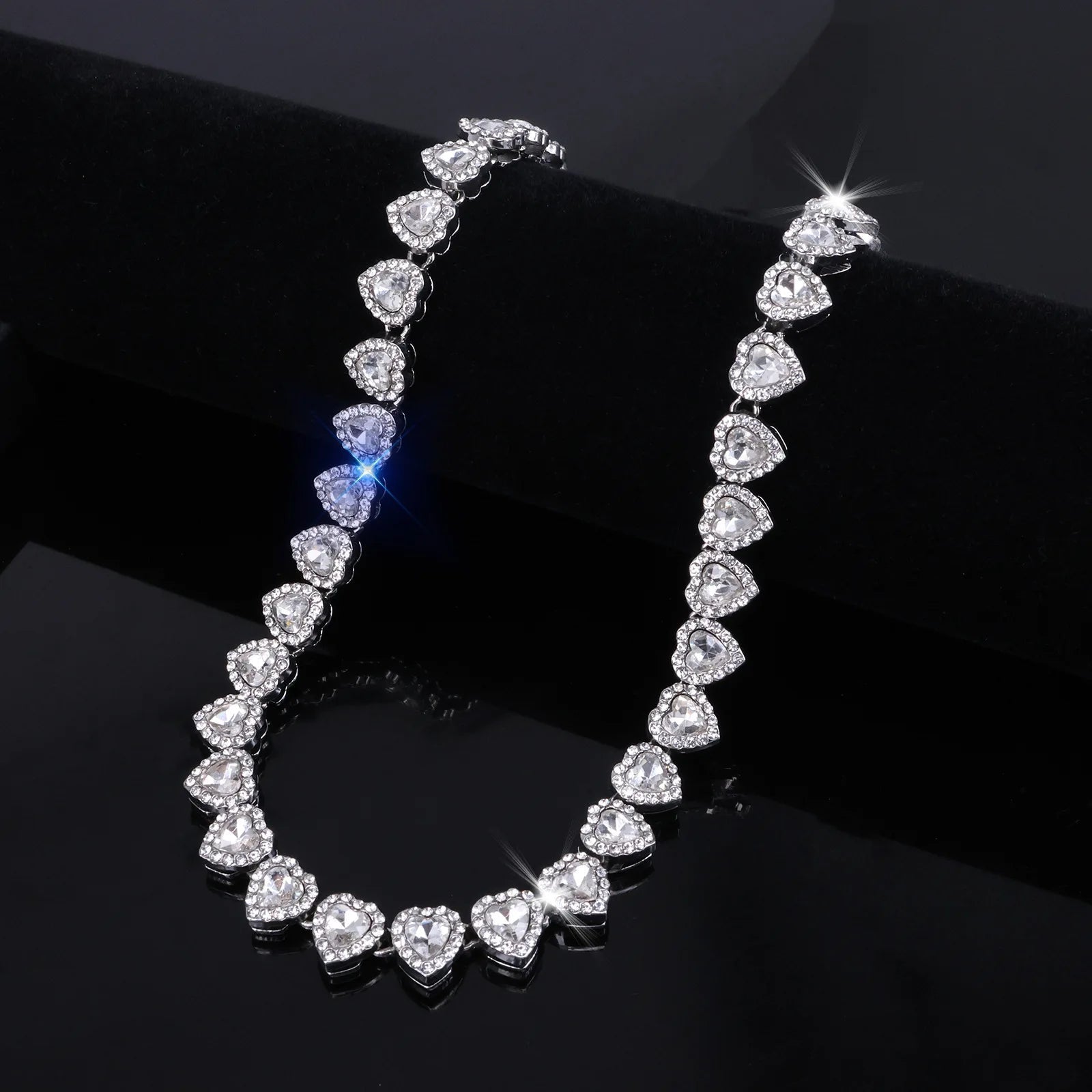 ZAKOL 45CM New Hip Hop Tennis Chain Bracelet Necklace Shiny Heart Rhinestone CZ Fashion Rock Party Jewelry Set Good Vibrations Adult Super Store