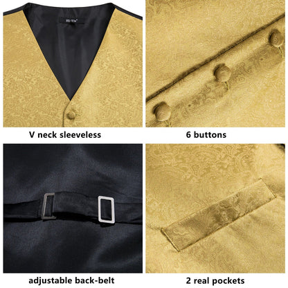 Hi-Tie Black Men Silk Vest Paisley Jacquard Necktie Hankerchief Cufflinks Sets Male Sleeveless V-Neck Waistcoat Business Formal Good Vibrations