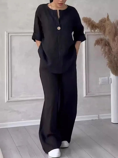 Muslim Sets Women 2 Piece Suit Shirt Wide Leg Pants Outfits 2025 Ensemble Button Lace Up Elastic Waist Blouse Straight Trousers Good Vibrations