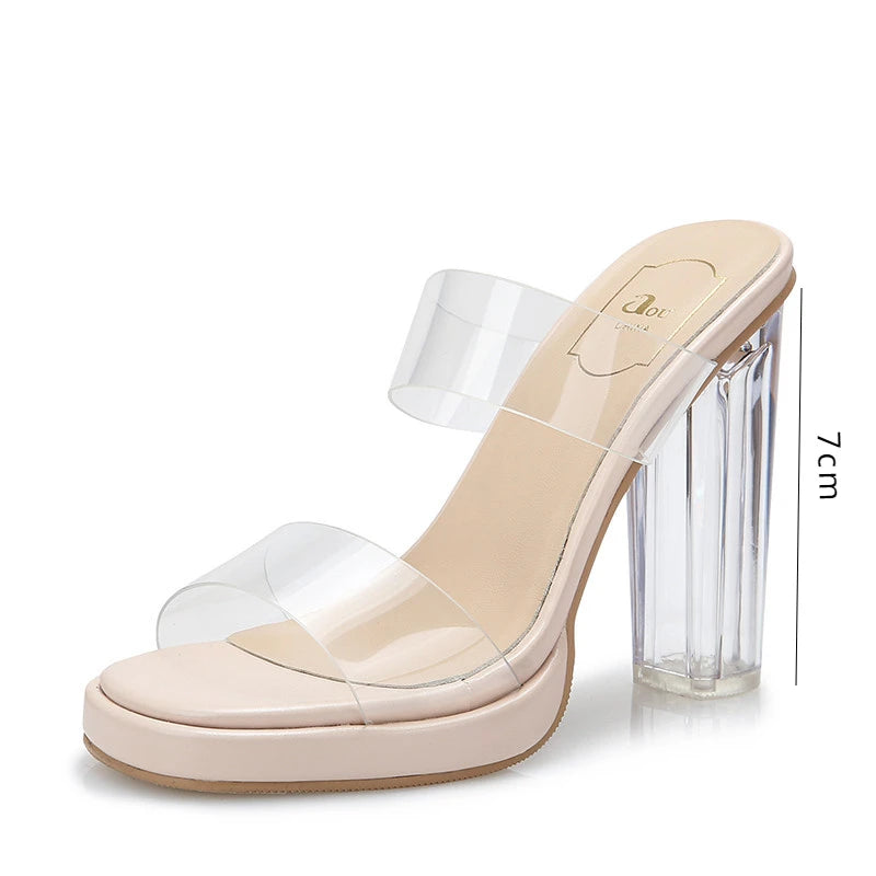 Women's High Heels, 2024 Summer New Waterproof Table with A Line Not Tired Feet Thick Crystal Slippers, Women's Shoes Good Vibrations