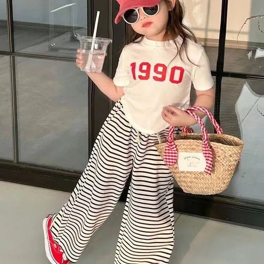 Children's Clothing Sets Digital Printed Short Sleeve Top + Striped Wide Leg Pants Kids Clothes 2 To 7Years Baby Girl Outfit Set Good Vibrations