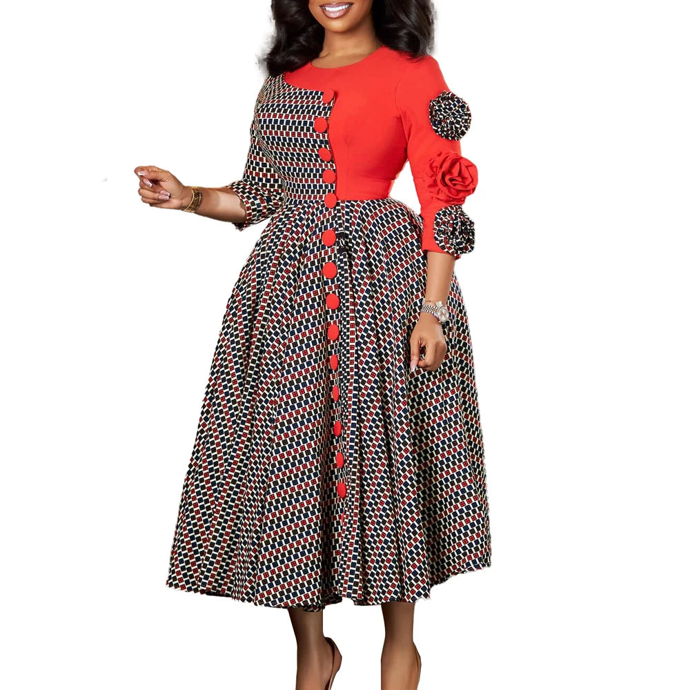 Elegant Dresses for Women 2025 Fall Fashion African 3/4 Sleeve Party Birthday New Robe Chic 3D Flower Plaid Evening A-Line Dress Good Vibrations