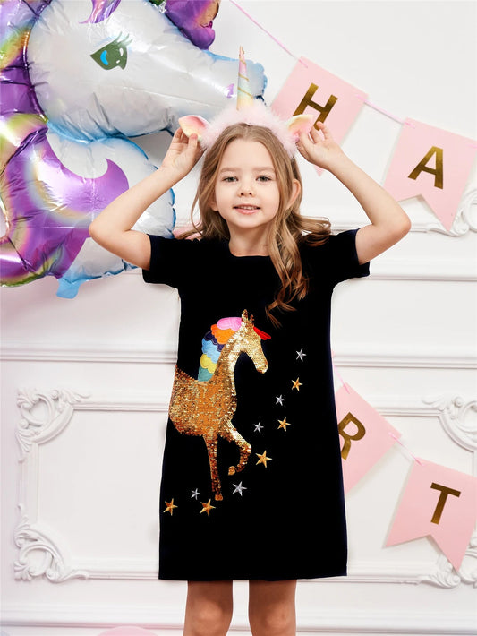 Girls' Summer Dress Children's A-line Cotton Dress Girls' Leisure Children's Unicorn Clothing SH5810 Good Vibrations