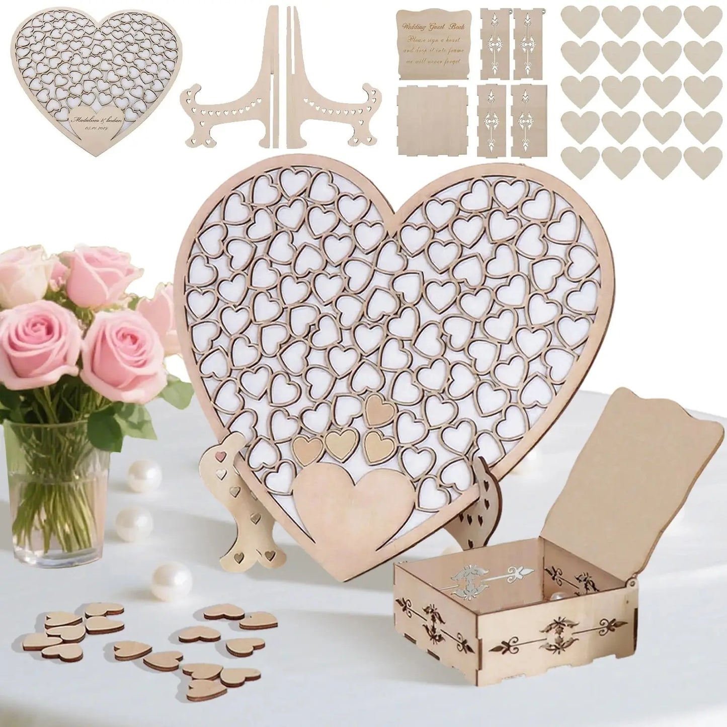 1Pcs Wood Wedding Guest Book Heart Wedding Guest Book Alternative with Box and Small Hearts for Wedding Anniversary Supplies Good Vibrations