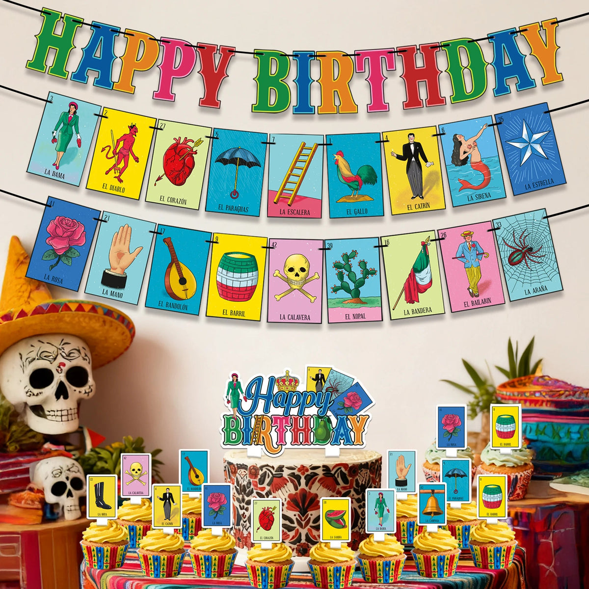 Traditional Colorful Mexican Decoration, Pre-strung Mexican Game Theme Birthday Banner & Cake Cupcake Topper Good Vibrations