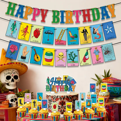 Traditional Colorful Mexican Decoration, Pre-strung Mexican Game Theme Birthday Banner & Cake Cupcake Topper Good Vibrations