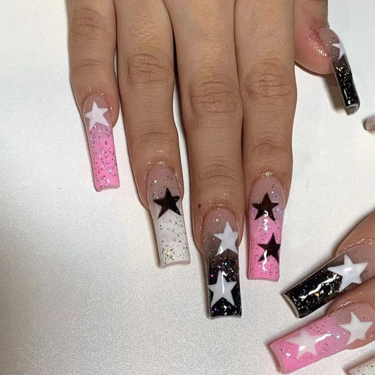 24pcs y2k Fake Nails Black White Star Printed Press on Nail Tips Long Coffin European Artificial Nail Patch for Girl Women Good Vibrations