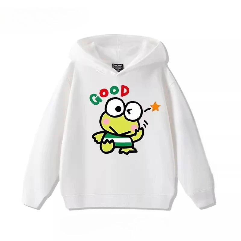 Sanrio's Cute Printed Hoodies for Boys and Girls with Big-eyed Frogs in Autumn Outdoor Casual Fashion for Children Good Vibrations