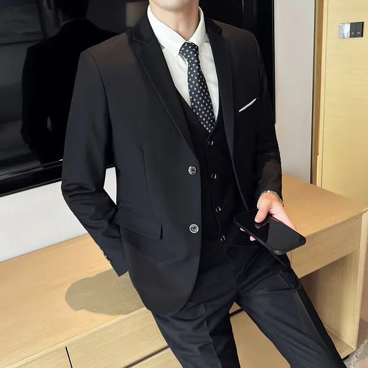 Suit (suit +Vest+Pants) Formal Business Men Four Seasons Professional Fashion Gentleman Solid Color Outdoor British Style Suit