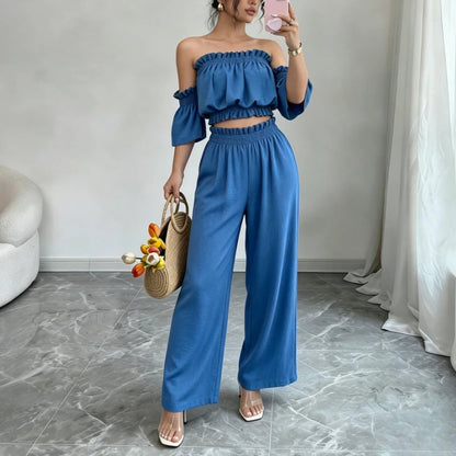Women's 2 Piece Outfit Off Shoulder Ruffle Crop Top and Wide Leg Pants Set Casual Summer Vacation Party Loungewear Tracksuit Good Vibrations