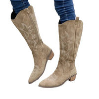 Embroidered Western Cowboy Boots for Women Autumn Pointed Toe Thick Heel High Knee Boots Woman Loose PU Leather Long Botas Mujer Good Vibrations