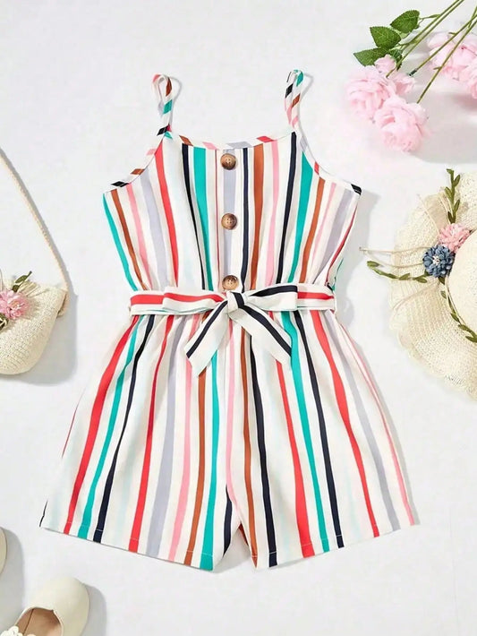 2026 children's clothing girls summer cute colorful striped casual button sleeveless suspender jumpsuit shorts Good Vibrations