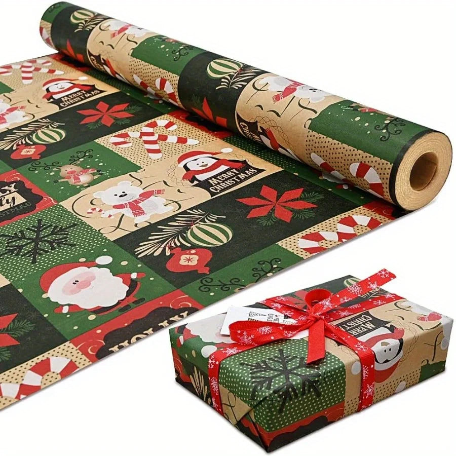 Christmas Wrapping Paper Roll - Festive Kraft Paper with Snowflake, Tree, and Ornament Patterns, Ideal for Holiday Gift Wrapping Good Vibrations