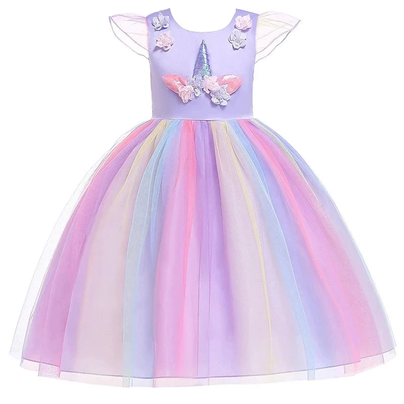 Kids Unicorn Dress for Girls Party Dresses Flower Appliques Ball Gown Little Girl Princess Costumes Summer Children Clothing Good Vibrations