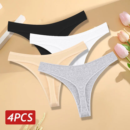 4PCS/Set Women Cotton Panties Seamless Low Rise Thongs V-Waist Solid Color Breathable Underwear Female Soft Lingerie Intimates Good Vibrations