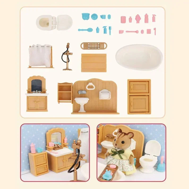 New Forest Family Microfilm Furniture Bathroon Kitchens Dining Bed Wardrobe Model Play House 1/12 Doll house Toys Birthday Gifts Good Vibrations