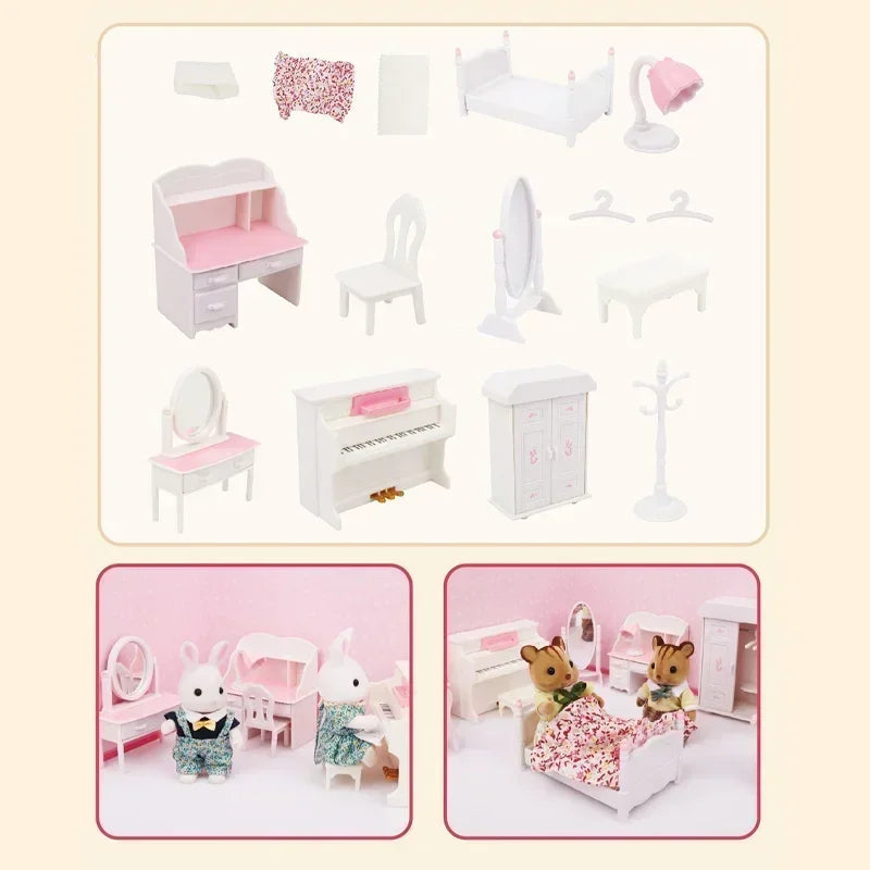 New Forest Family Microfilm Furniture Bathroon Kitchens Dining Bed Wardrobe Model Play House 1/12 Doll house Toys Birthday Gifts Good Vibrations
