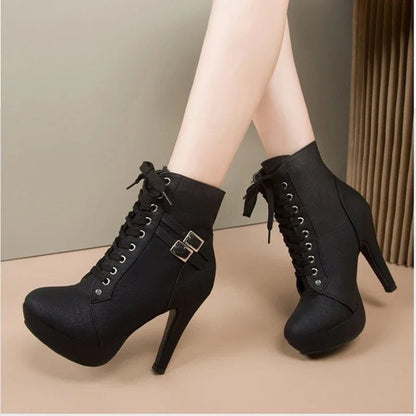 Women's Boots High Heels New 2025 Autumn Cross-tied Fashion Belt Buckle Height Increased By 6-8cm Round Toe Strap Women's Boots Good Vibrations