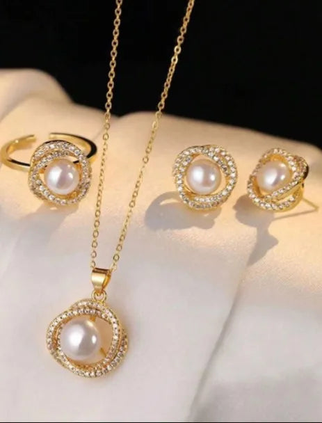 Chic 18K Gold Plated Eco-friendly Brass Pearl Jewelry Set Pearl Earring Necklace Ring For Women Elegant Accessories Dropshipping Good Vibrations