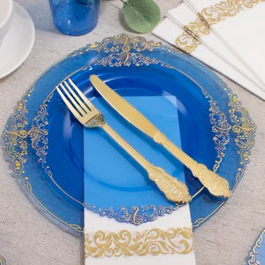 175PCS Blue Gold Plastic Plates Sets, Include 25Dinner Plates, 25Dessert Plates, 25Cups, 25Forks, 25Knives, 25Spoons, 25Napkins Good Vibrations