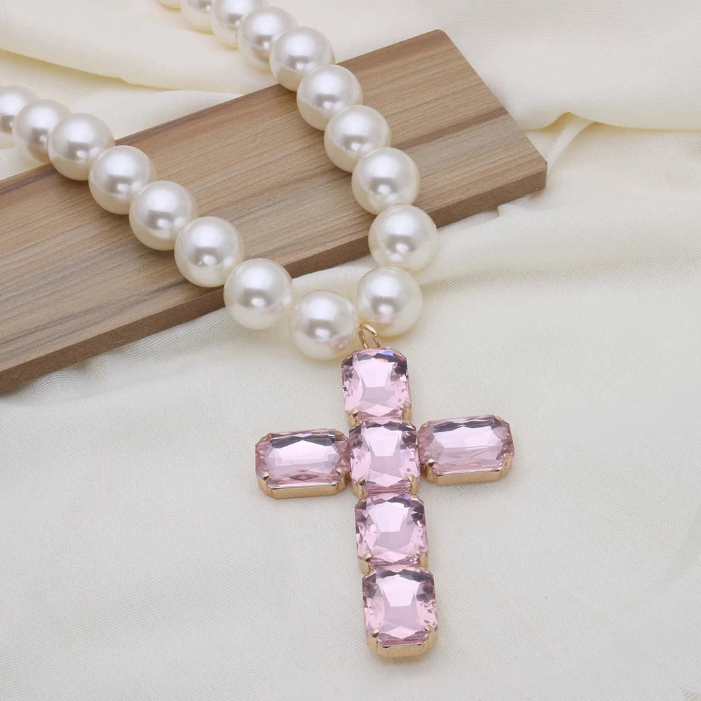Fashionable and exaggerated large glass cross necklace pendant, luxurious Christmas gift jewelry Good Vibrations