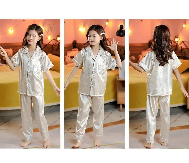 New Kids Spring Autumn Silk Satin Pajamas Set Girls Cartoon Button-Down Long Sleeve 2 Pieces Tops+Pants Sleepwear Pyjama Clothes Good Vibrations
