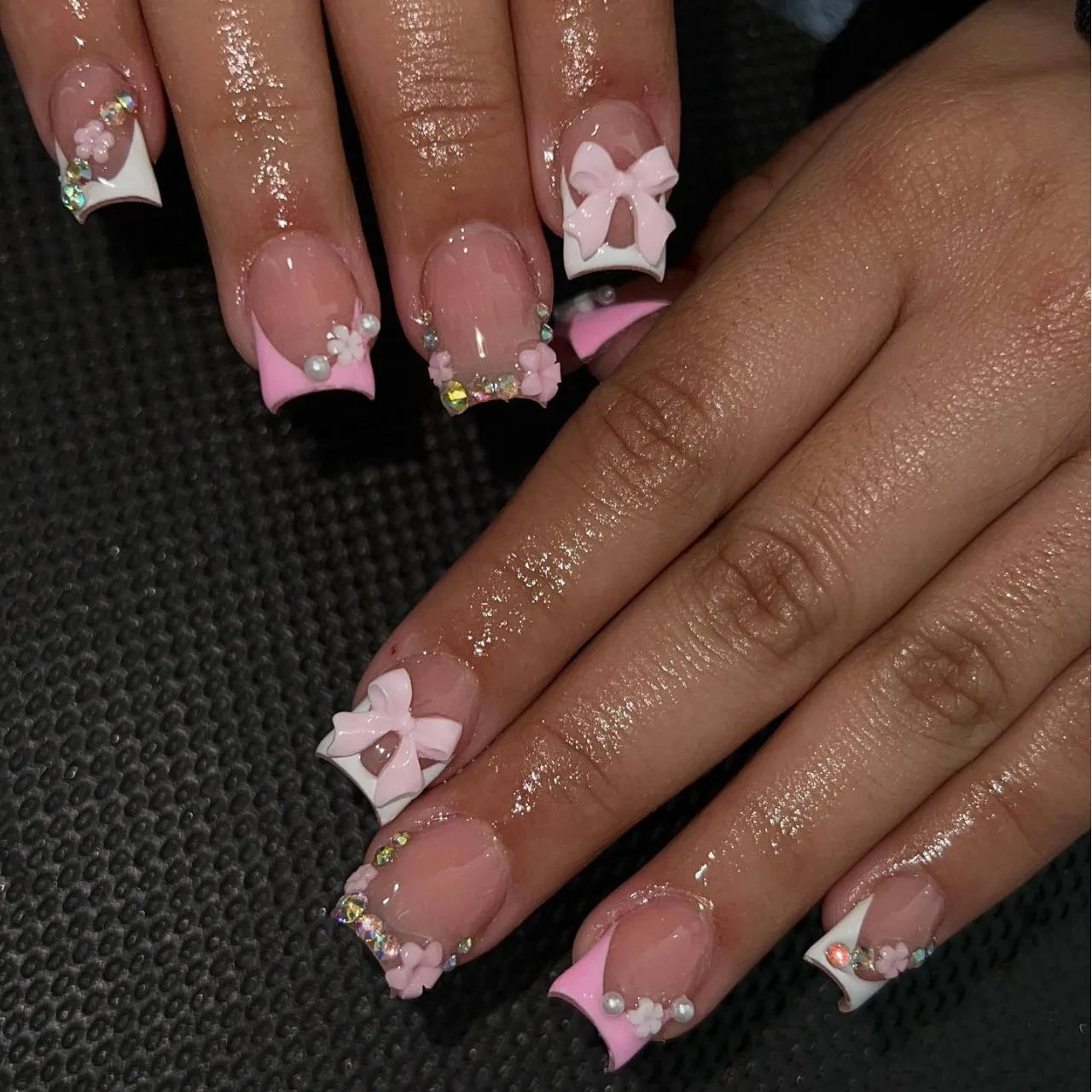 24pcs Nude Pink Sweet Fake Nails Short Duckbill Leopard Print French False Nails With 3D Bowknots Butterfly Cherry Press On Nail Good Vibrations