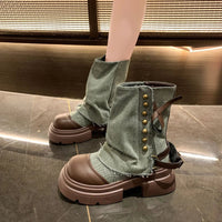 Women's Boots  New Mid Calf Boots for Women Fashion Platform Boot Breathable Canvas Cowboy Boots for Women Motorcycle Botas Good Vibrations