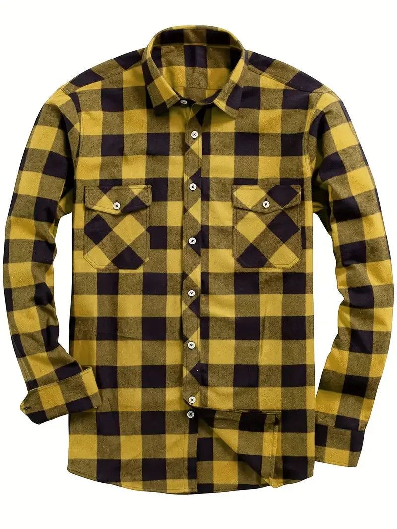 New Plaid Flannel Shirt for Men Long Sleeve Casual Shirts Spring Autumn Button -up 2-Pocket Colthing Tops Classic Men's Shirts Good Vibrations