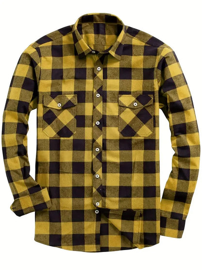 New Plaid Flannel Shirt for Men Long Sleeve Casual Shirts Spring Autumn Button -up 2-Pocket Colthing Tops Classic Men's Shirts Good Vibrations