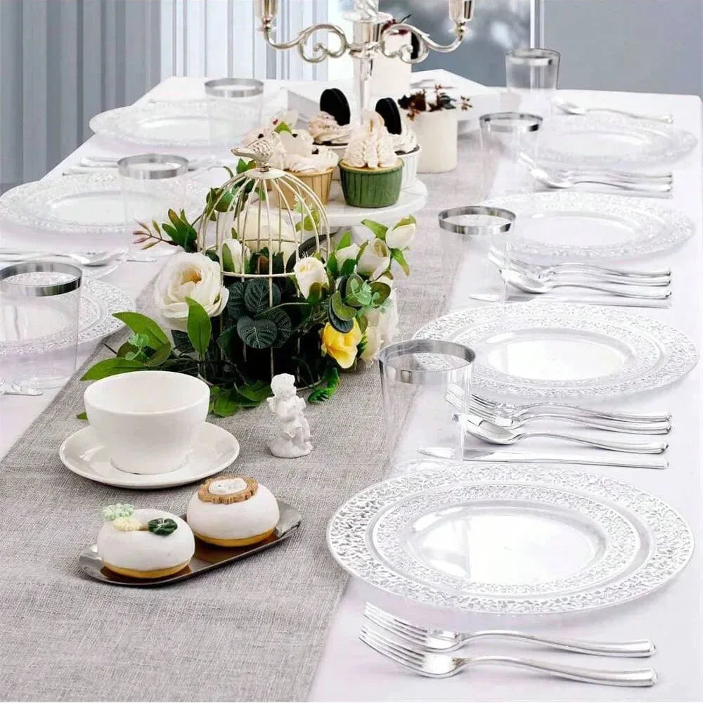 Reusable Silver Plastic Cutlery Set, Including Plates, Knives, Forks, and Spoons, Manually Washable Good Vibrations