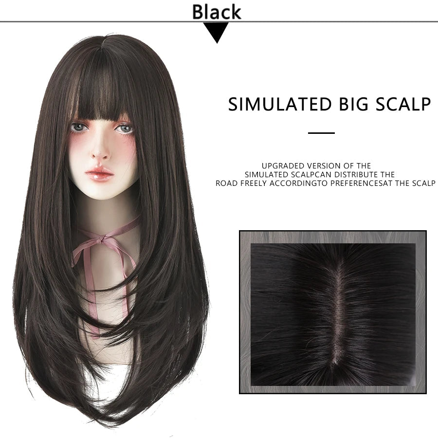 7JHHWIGS Long Wavy Synthetic Black Wigs For Women With Fringe Fashion Heat Resistant Mid-Length Daily Straight Light Brown Hair Good Vibrations