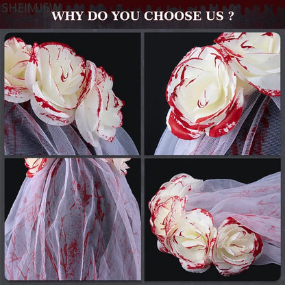 Halloween Gothic Bridal Veil Flower Headdress Bloody Mask Weird Role Playing Accessories Adult Horror Theme Party Costume Props Good Vibrations